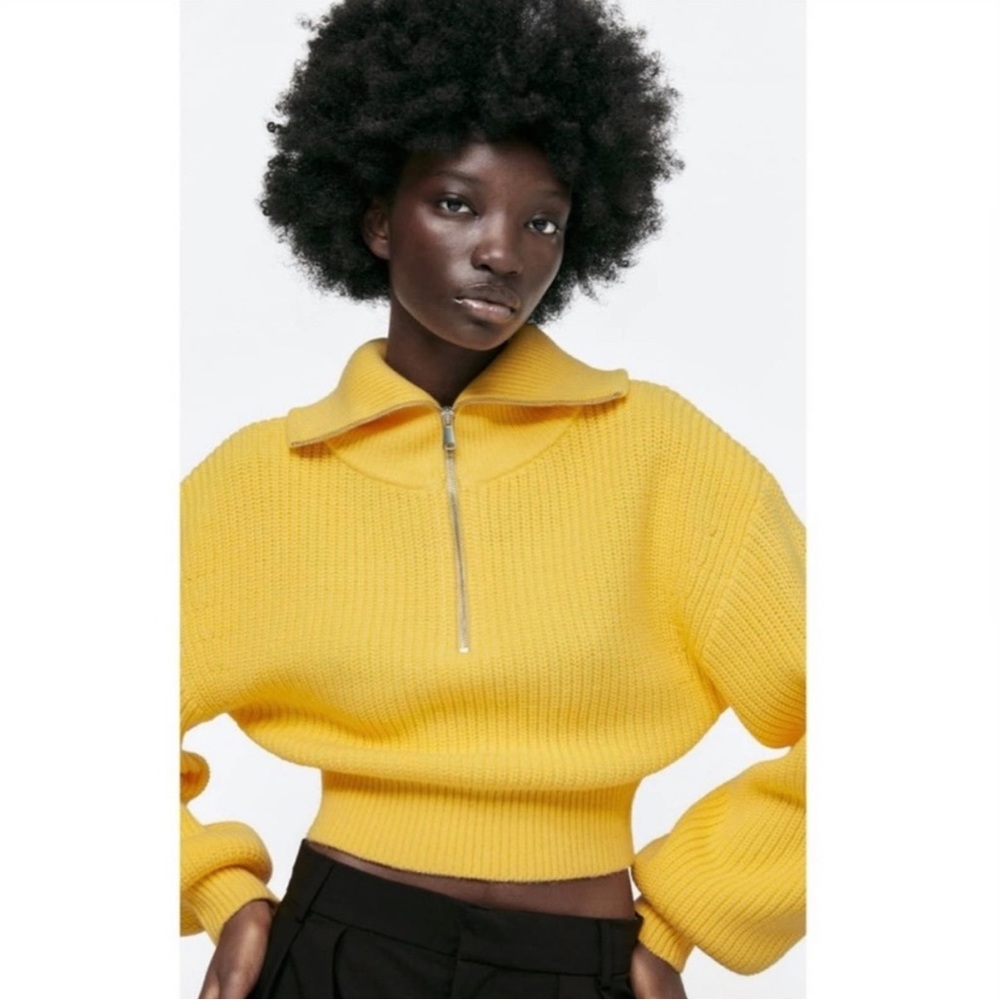Zara Chunky Balloon Sleeve Zip Up Yellow Sweater